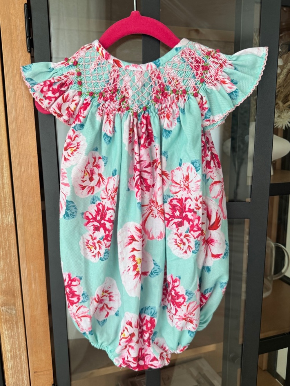 Poppy kids co Smocked floral bubble romper rosettes flowers embroidered baby